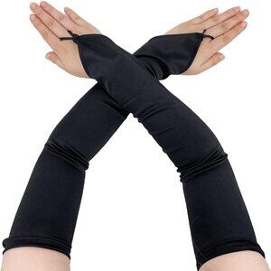 Women's Fingerless Black Long Satin Fabric Gloves Stretchy Elbow Length Gloves